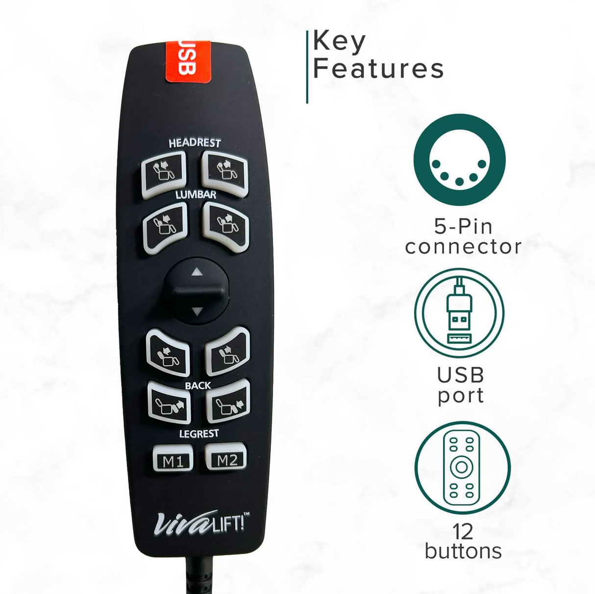 10-Button or 12-Button 5-Pin Hand Control for Pride VivaLift Standard and (Early) Version 2 Lift Chairs (10 Button: CTL1707190/12 Button: CTL2104324)