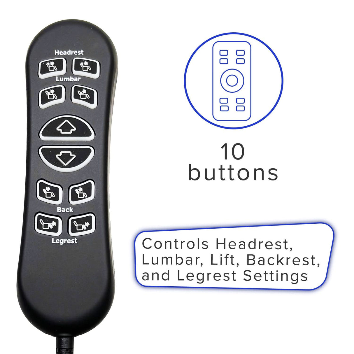 10-Button Hand Control for the Jackson/Catnapper Warner Lift Chair (CTL1707190) or Flexsteel Jenkins Lift Chair