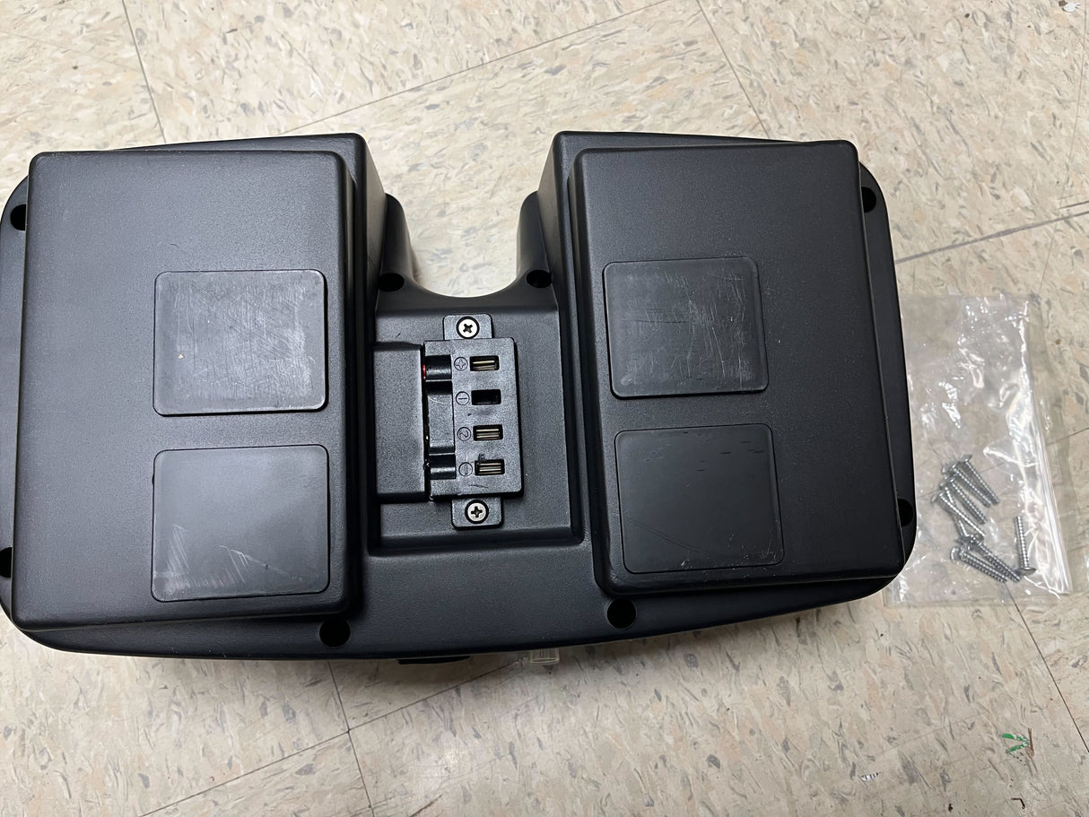 High Capacity Battery Box for ActiveCare/Drive Medical Spitfire EX & Spitfire Pro SE with Extended Range (Blemished), featuring a black rectangular box with buttons and ports, and visible surface scratches, alongside a bag of screws.