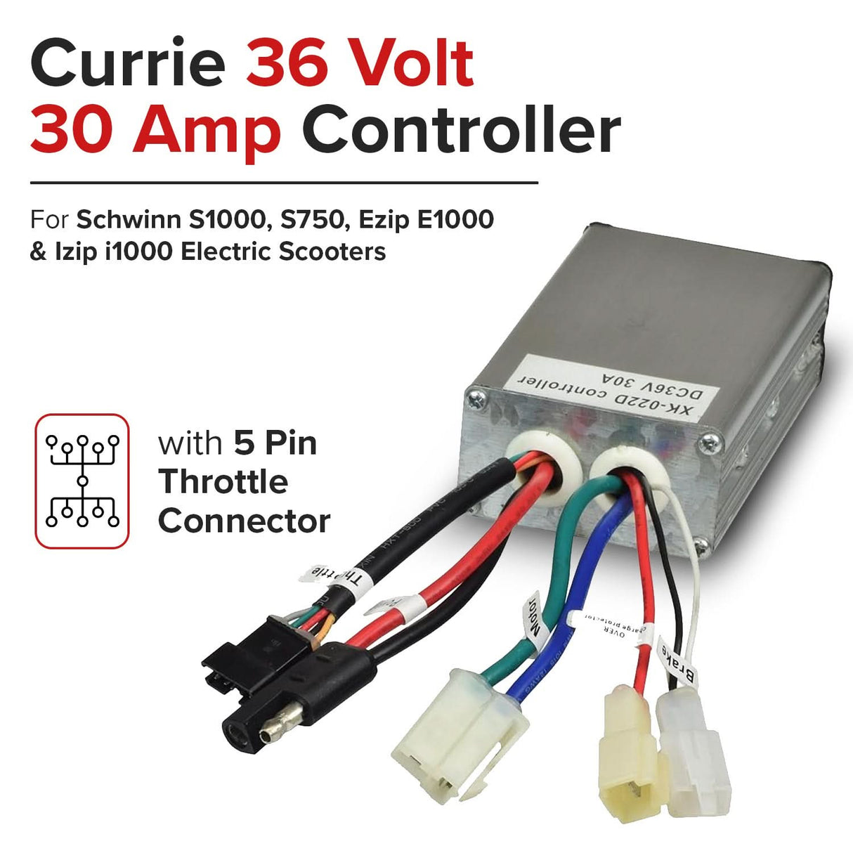 Currie 36 Volt 5-Pin 5-Connector Controller (1000 Series Currie, eZip, IZIP, GT, Mongoose, & Schwinn Scooters)