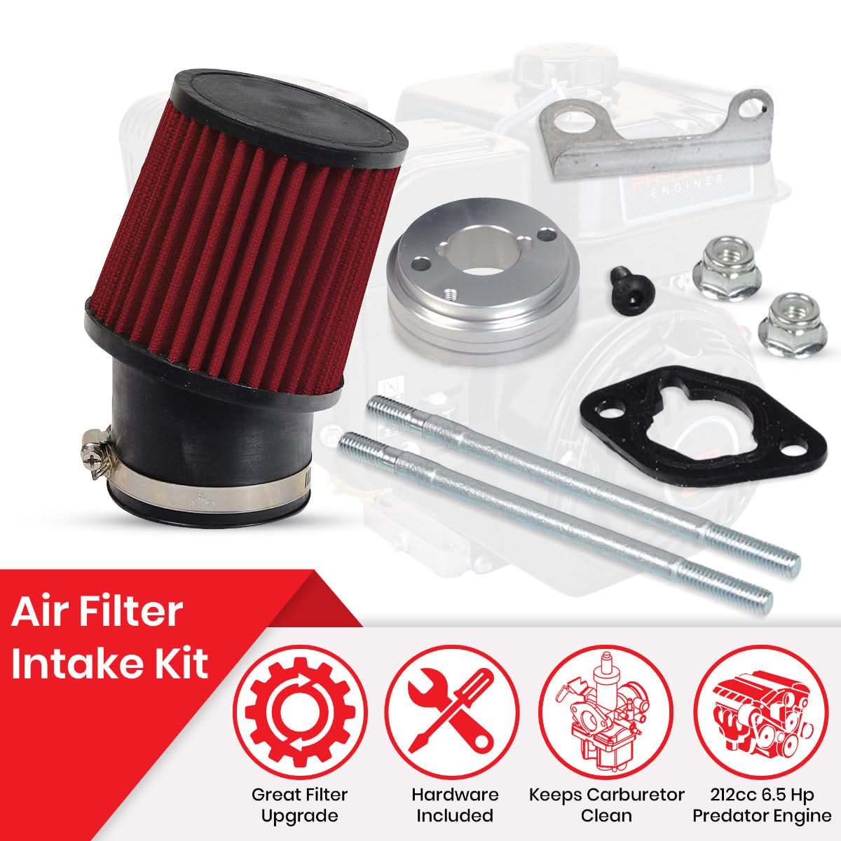 High Performance Air Filter Intake Kit for the Realtree RT200 196cc Mini Bike, shown in close-up with the filter, black gasket, metal screws, and mounting hardware for improved engine performance.