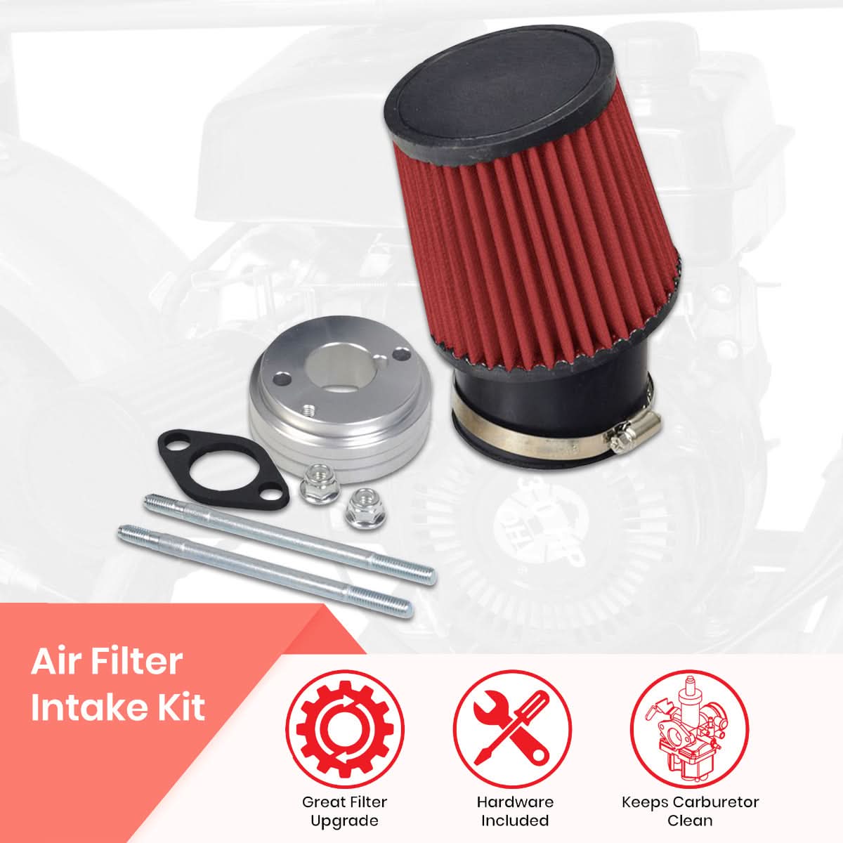 High Performance Air Filter Kit for the Coleman CC100X & CT100U Mini Bikes, showcasing a close-up of the red filter, gasket with holes, metal rods, and mounting hardware for easy engine upgrade.