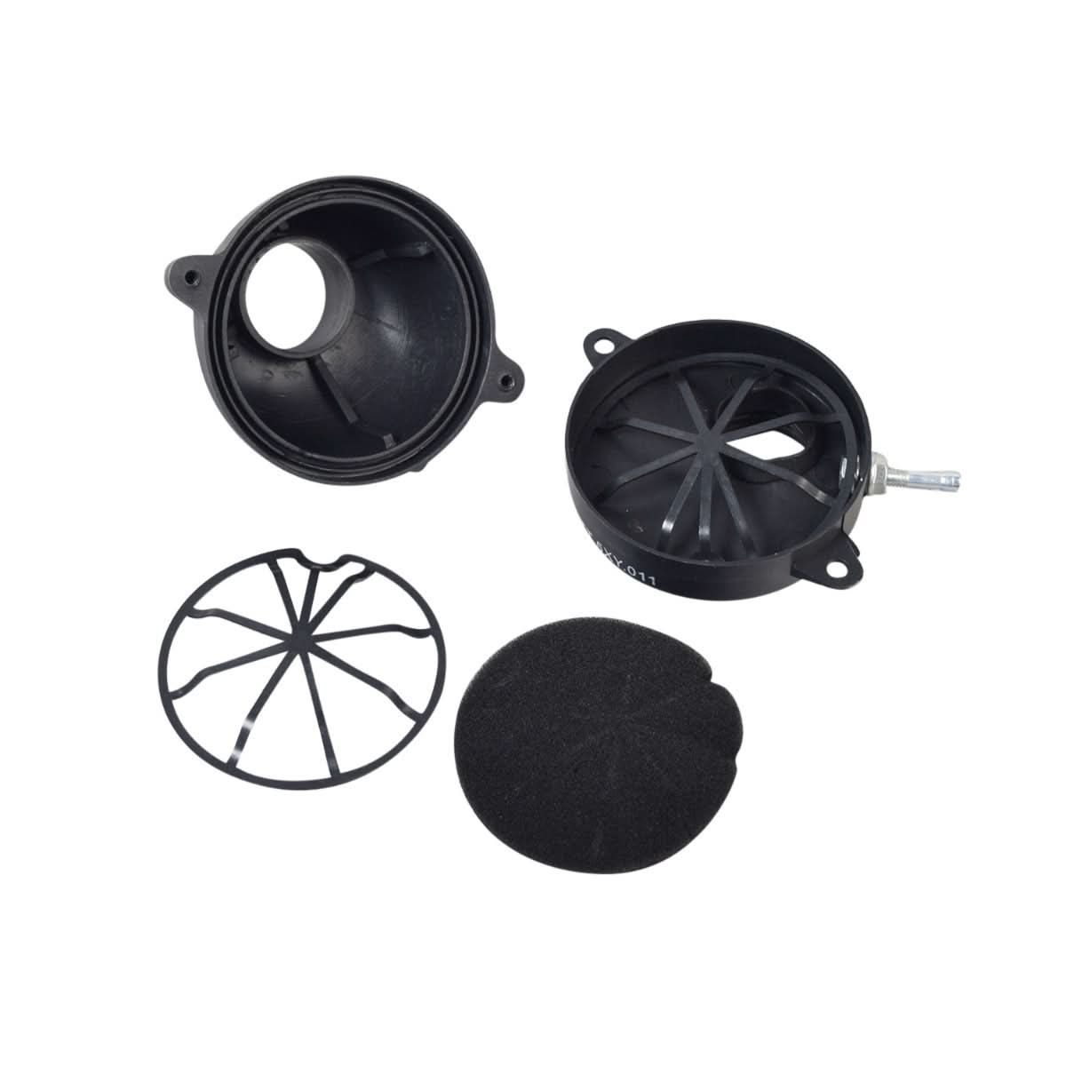 Air Filter Canister Assembly for the TaoTao ATA-110B ATV, featuring a black round plastic canister with a central hole, foam insert, and hose clamp.