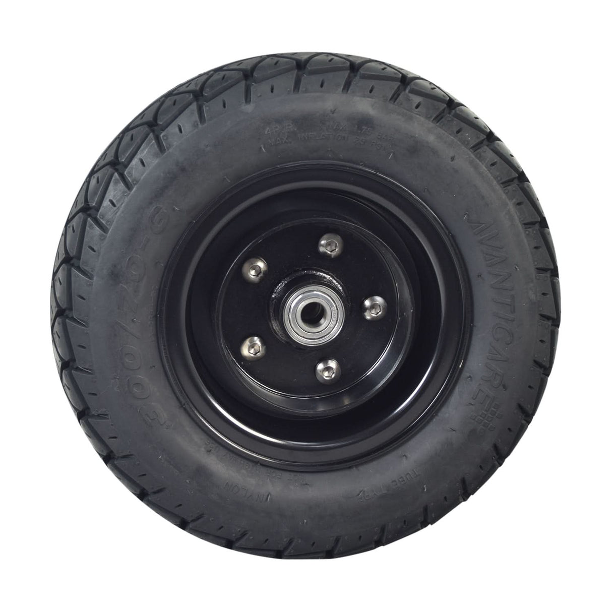 300/70-6 Pneumatic Front Wheel Assembly for the ActiveCare Prowler 3310 and 3410 Scooters, featuring a black tire with a black rim, brake drum, inner tube, and 6202ZZ bearings.