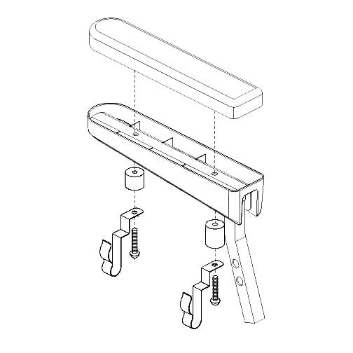 Drawing of Armrest Cane Clips (Style B) for Pride Mobility Scooters, showing a detailed sketch with two clips, two spacers, and two bolts designed to mount under the armrest.