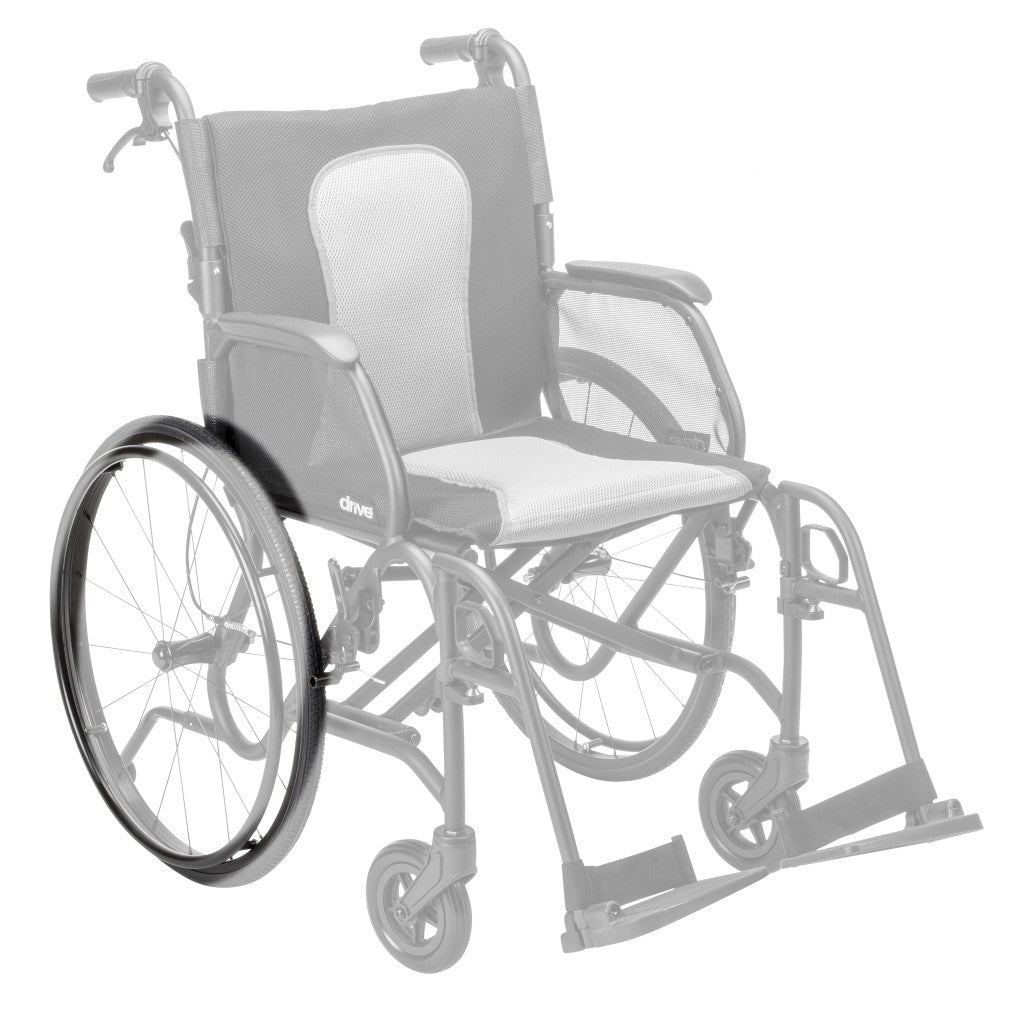 AEROFLY-15 22" rear wheel shown in color on the Drive Medical AeroFly Ultra-Lite Wheelchair, rest of the wheelchair greyed out
