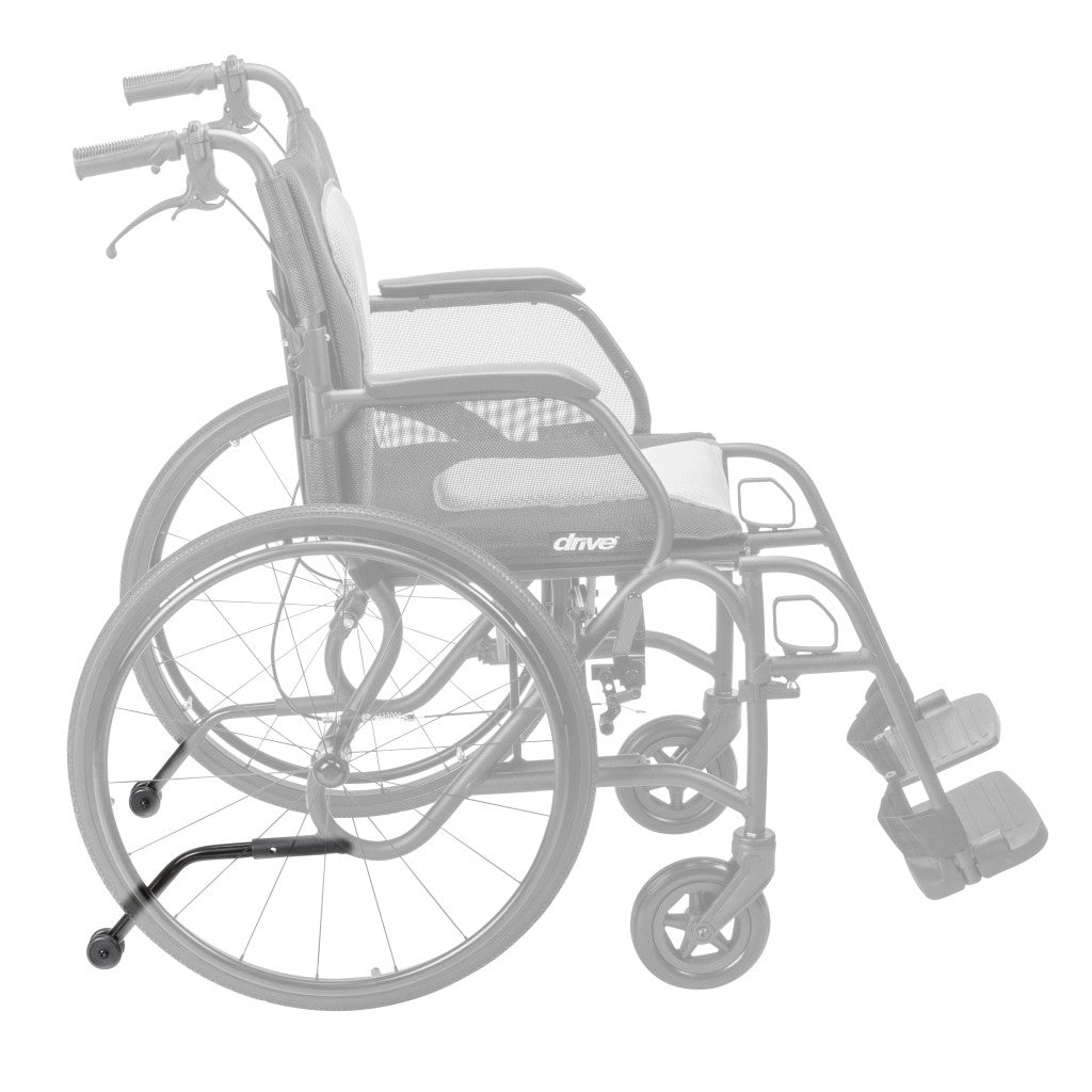 AEROFLY-40 anti-tippers (pair) shown in color on the Drive Medical AeroFly Ultra-Lite Wheelchair, rest of the wheelchair greyed out