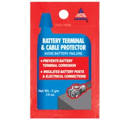 Battery Terminal and Cable Protector for Gas Scooters - Single-Use 4g Pouch; close-up of the product packaging, featuring a red and blue design with a visible label and a battery terminal.