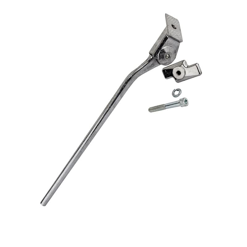 Burnished Silver Alloy Center Mount Kickstand with Retro Plate, featuring screws and bolts, designed for bikes with Shimano derailleurs. Available in 285 mm and 305 mm lengths for quick installation.