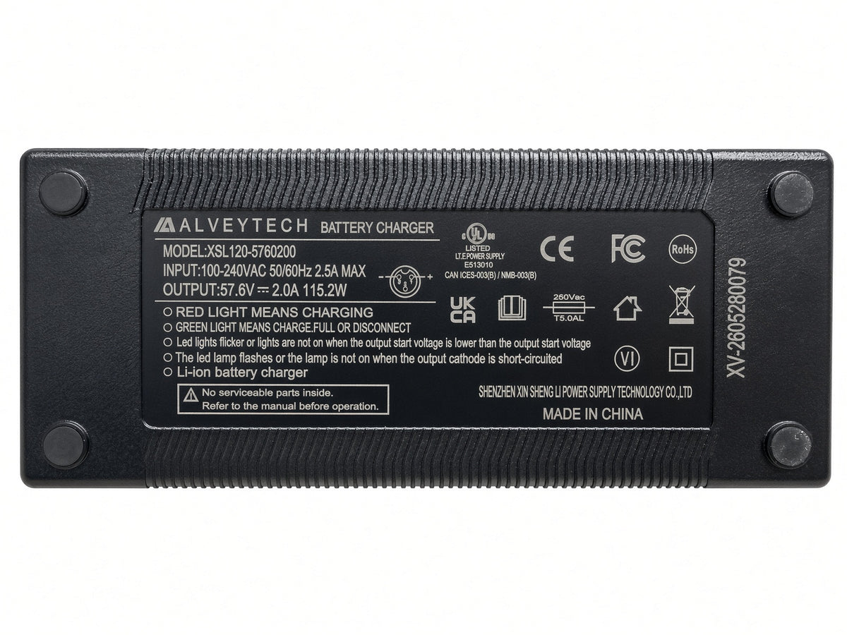 Label on the AlveyTech XSL120-5760200 48 volt lithium-ion charger: 57.6V 2.0A output, 100-240VAC input, Q50-5861