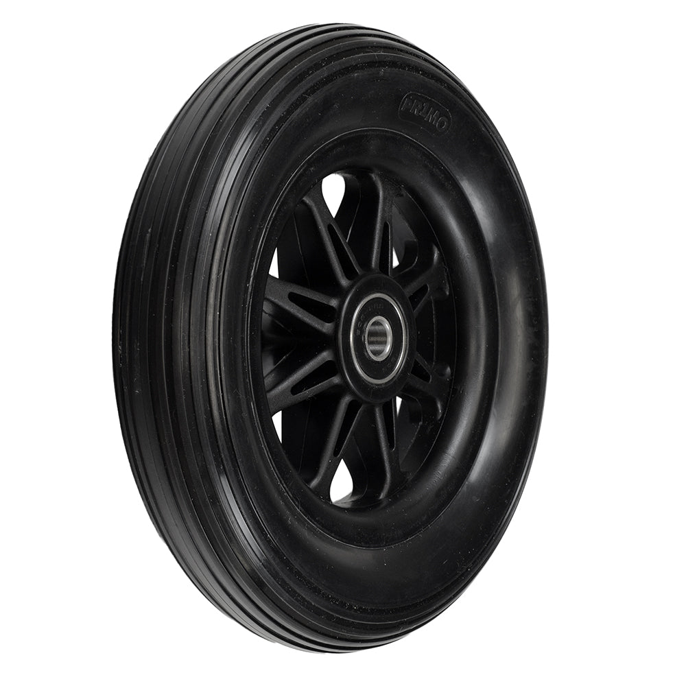 Anti-Tip Wheel Assembly for the Jazzy Select HD, featuring a black wheel with a black rim and bearings installed, designed to provide added stability and security for the power chair operator.