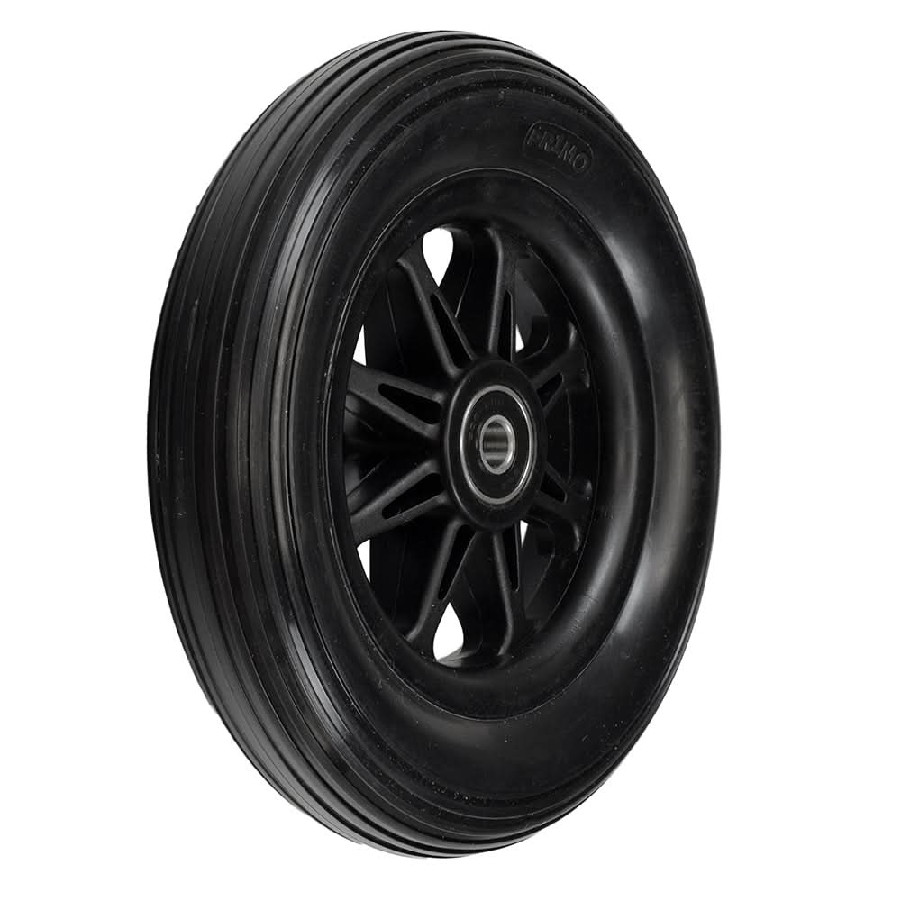 Anti-Tip Wheel Assembly for the Jazzy Select HD, featuring a black wheel with a black rim and bearings installed, designed to provide added stability and security for the power chair operator.