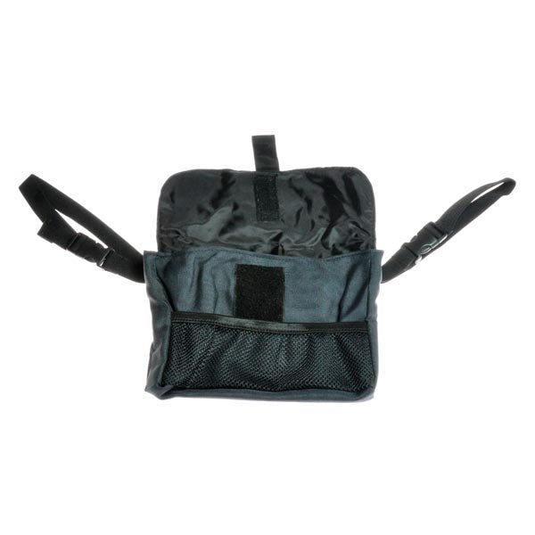 9 x 8-3/4 Armrest Pouch for Mobility Scooters, a black nylon bag with straps, designed to fit most scooter and power chair armrests.