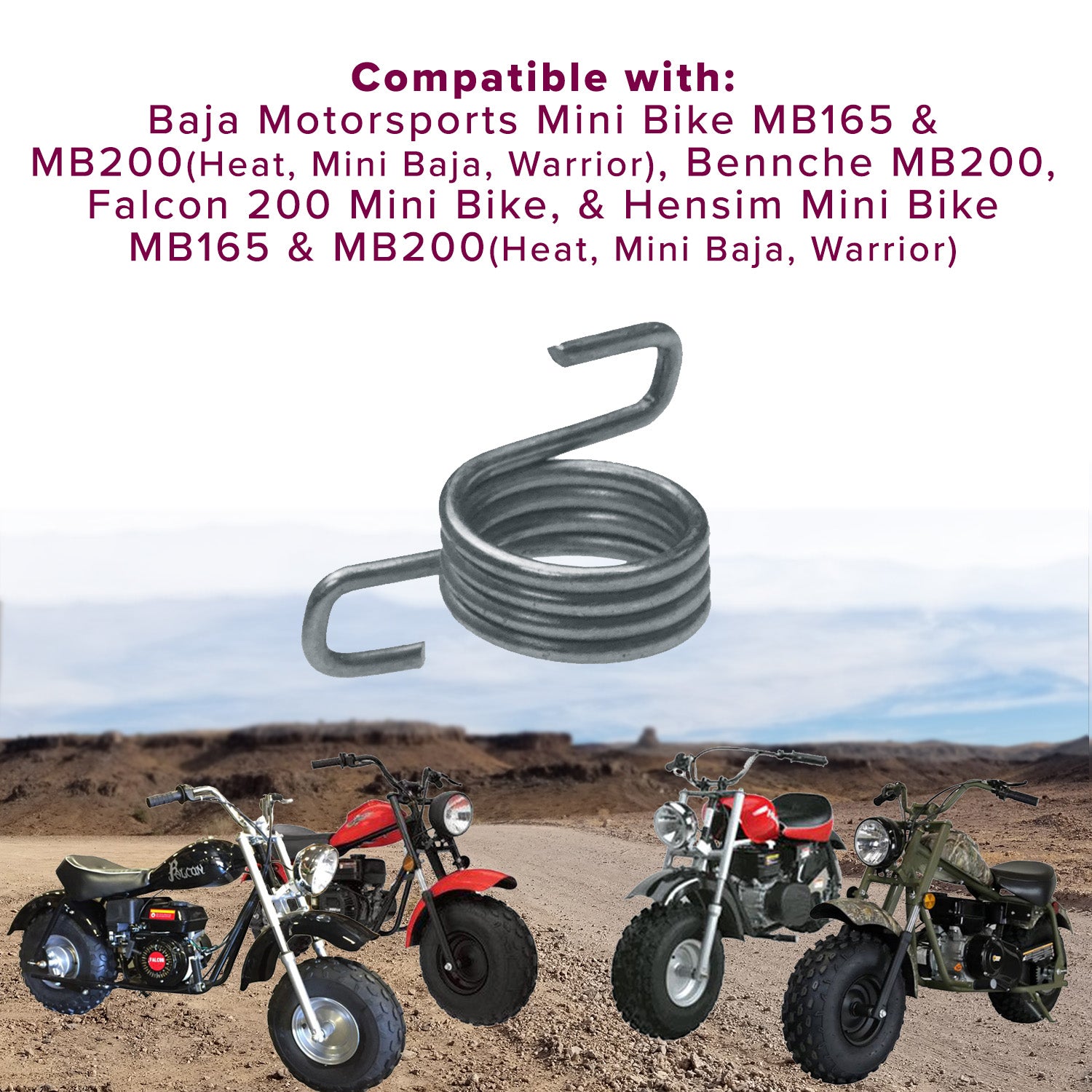 Chain Tensioner Spring for the Baja Mini Bike MB165 & MB200 displayed in a desert scene with motorcycles, showcasing close-ups of wheels and a coiled metal spring essential for bike functionality.