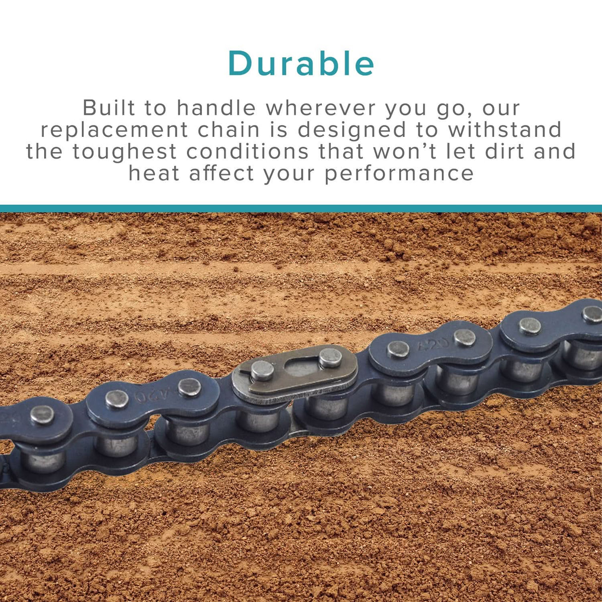 90 Link 420 Chain for Coleman BT200X, CT200U, CT200U-EX, & Massimo MB200 Mini Bikes, shown on a dirt surface, highlighting its robust metal links designed for durability on mini bikes.