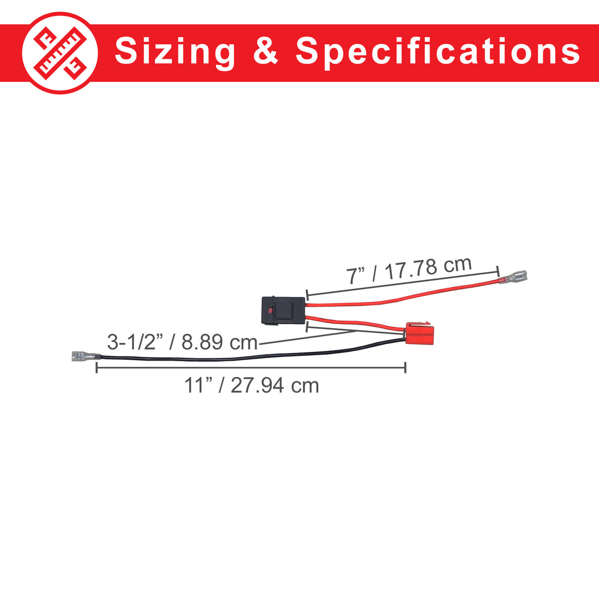 2-Pin Wiring Harness with Fuse for Kid Trax 6 Volt Batteries, featuring a rectangular 2-pin connector and black wires, depicted in a detailed diagram with size measurements and connection instructions.