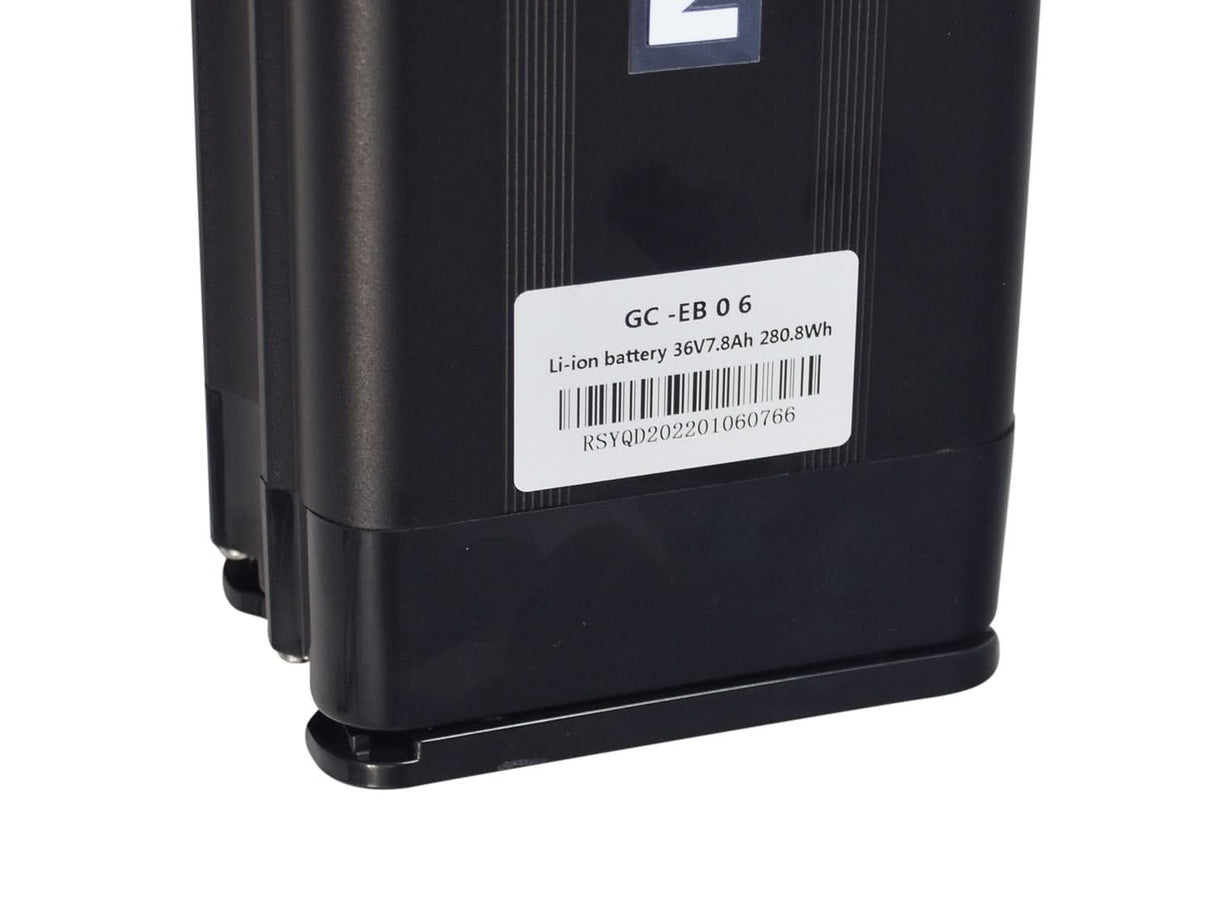 36 Volt Lithium Battery Pack with Mount for the Swagtron EB6 Bandit Fat Tire Electric Bike, showing a black rectangular battery with a white label, barcode, and secure mounting features.