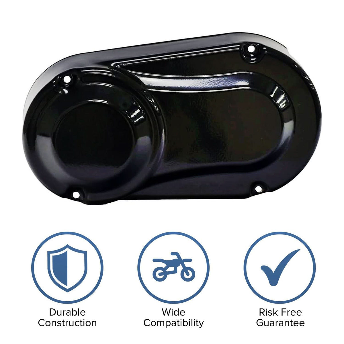Steel Clutch Cover for the Baja Mini Bike (MB200) (Blemished) with visible minor scratches and scrapes, featuring a durable black metal build and blue text indicating brand and model compatibility.