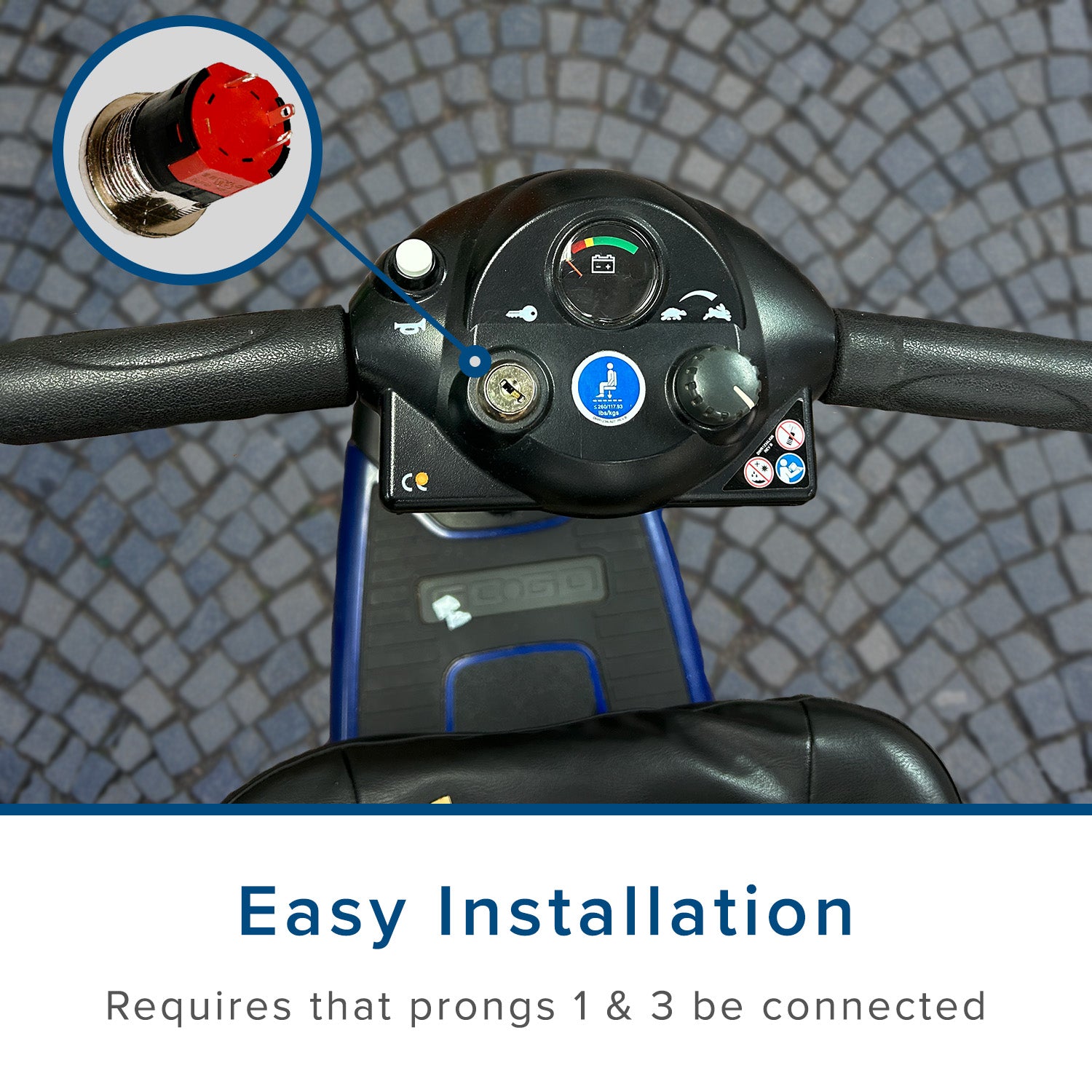Close-up of the Key Switch with Standard Metal Head Keys for Amigo, Go-Go, and Pride Mobility Scooters, showing the metal key inserted into the black switch with visible white button.