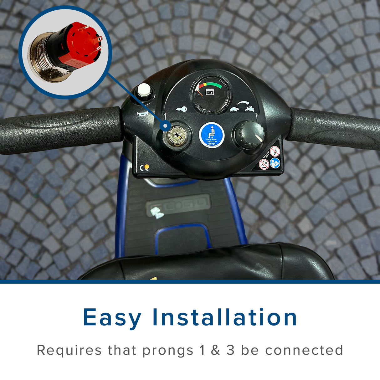 Close-up of the Key Switch with Standard Metal Head Keys for Amigo, Go-Go, and Pride Mobility Scooters, showing the metal key inserted into the black switch with visible white button.
