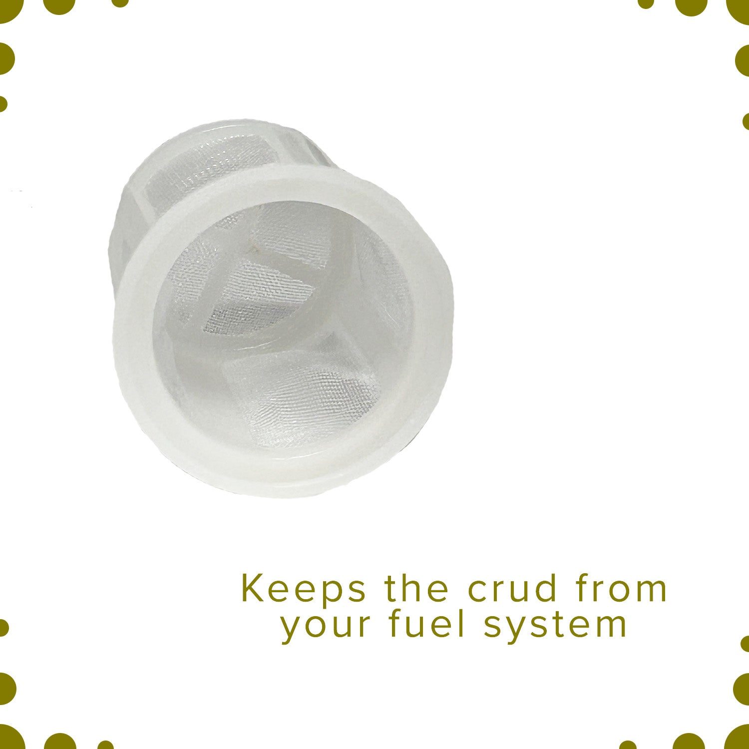 Fuel Tank Strainer Basket for 6.5 Hp Go-Karts, a white plastic cylinder with an internal mesh screen, designed to filter out debris from fuel, ensuring cleaner fuel intake and reduced maintenance.