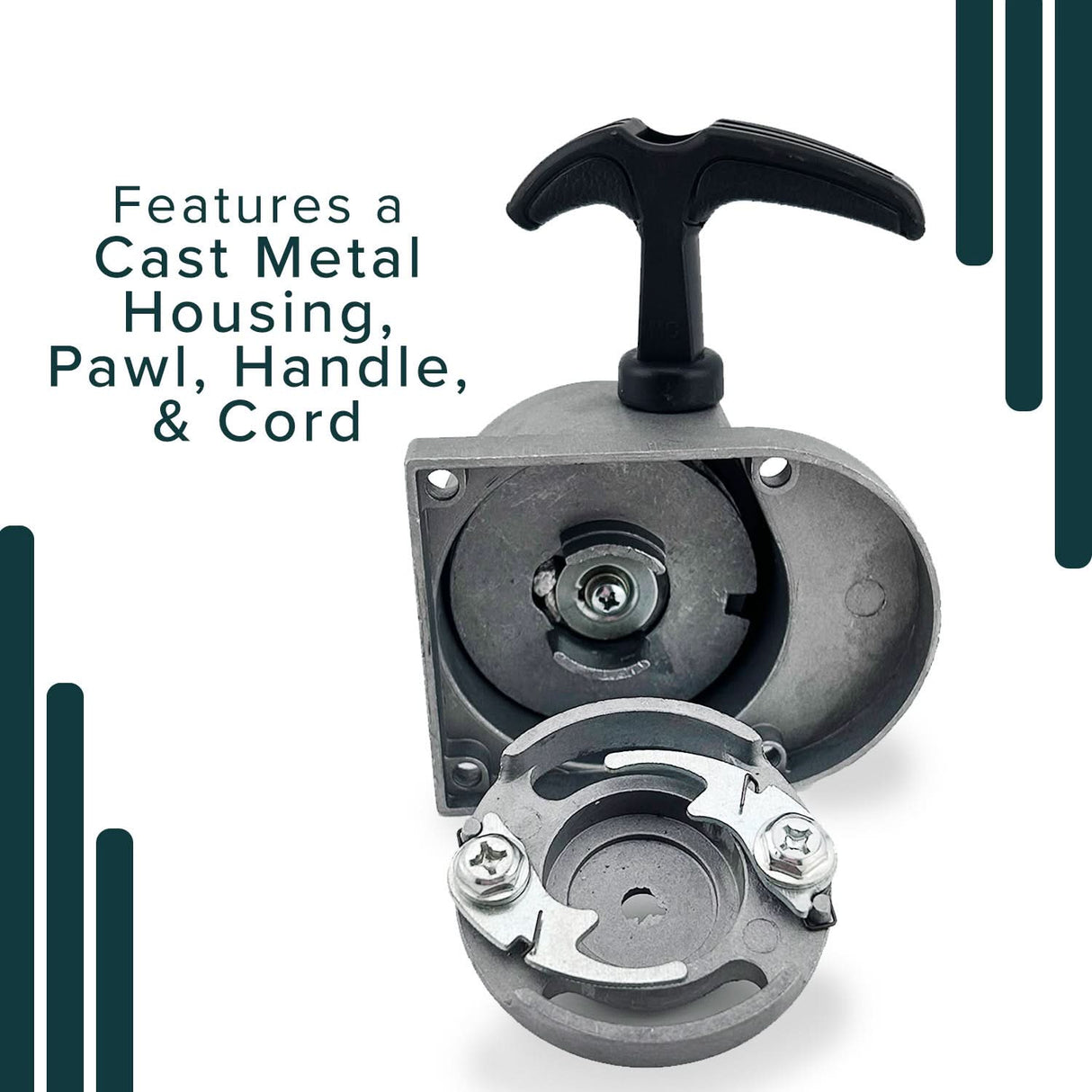 Recoil Pull Start for 48cc - 80cc 2-Stroke Bicycle Engine Kits; metal device with black handle, visible screws, and sturdy cast metal housing for reliable engine cranking.