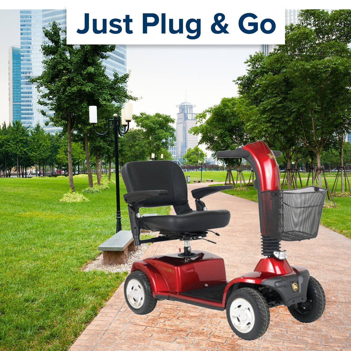 Key for the Golden Technologies Companion I (GC240) and II (GC340, GC440) Scooters (Type 2 Models 2013 and Later) placed on a red scooter with a basket in a park.