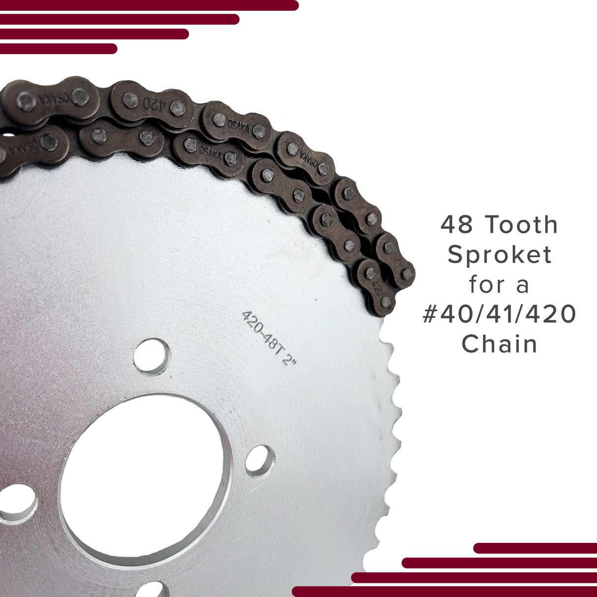 #40/41/420 Chain 48 Tooth Sprocket for Go-Karts & Mini Bikes, featuring a close-up of the chain and metal sprocket on a flat surface, highlighting the gear teeth and circular design.