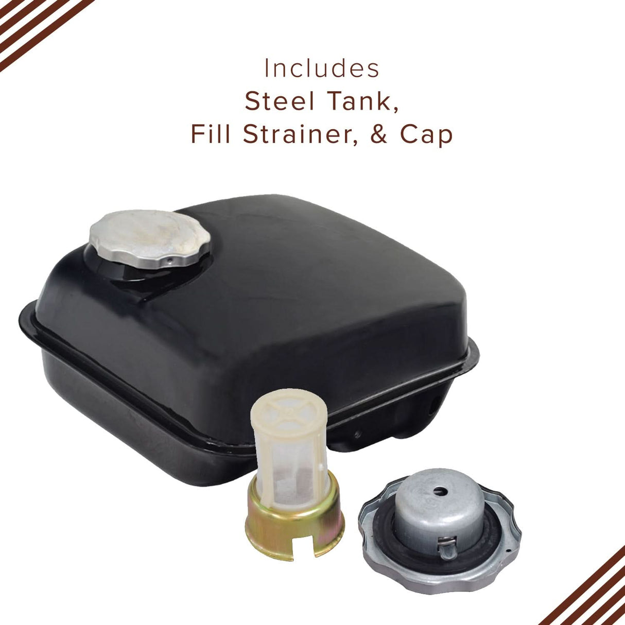 Fuel Tank for the Coleman BT200X, CT200U Trail, & CT200U-EX Mini Bikes (Blemished) shown with a metal cap and fill strainer, highlighting its steel construction.