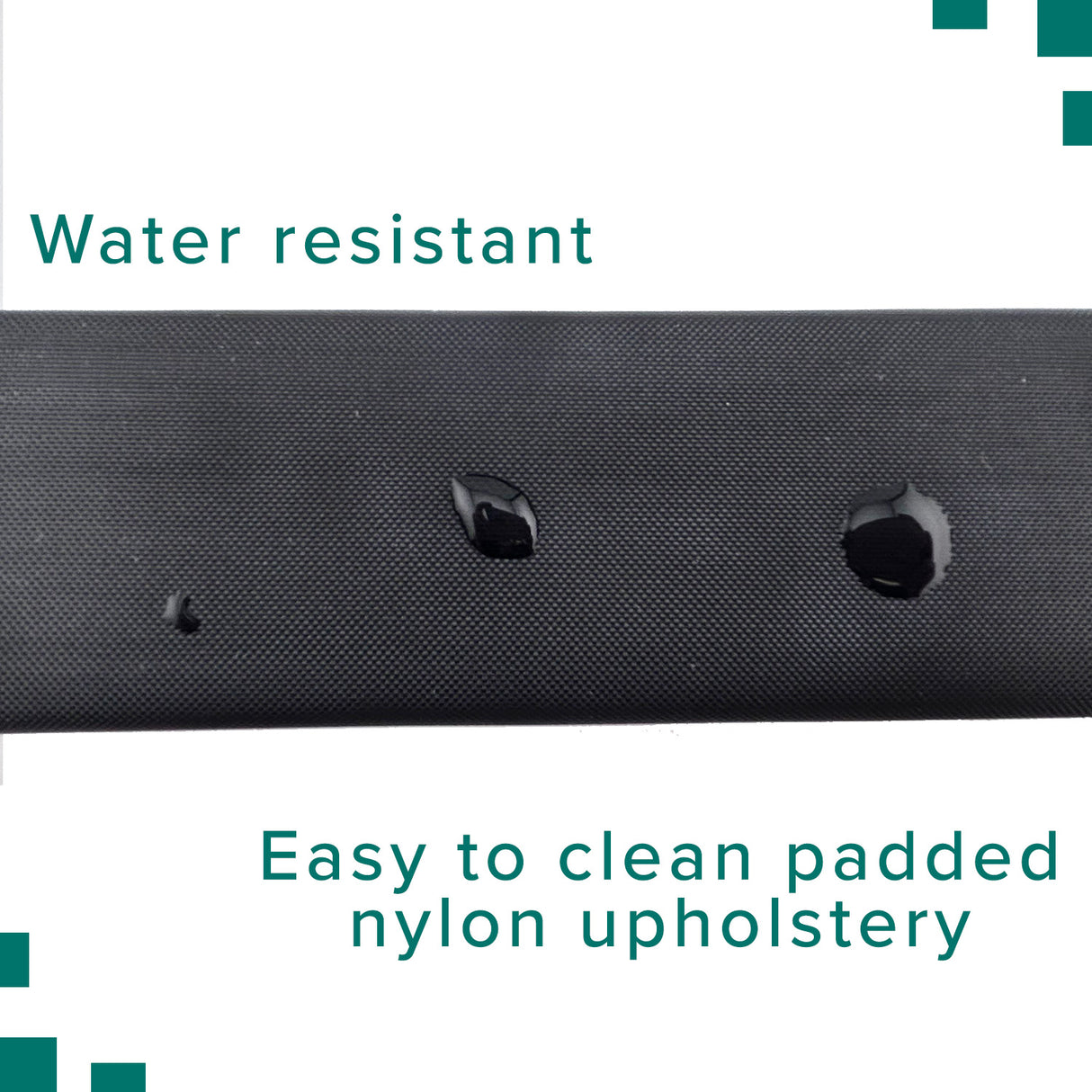14 Padded Black Nylon Armrests for Wheelchairs (Set of 2) shown with water drops on the black surface, highlighting the texture and material.