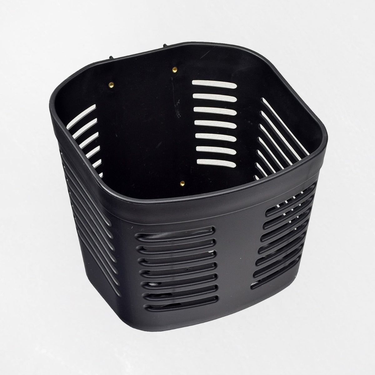 Front Basket without Hardware for Go-Go Scooters (Blemished) featuring a black plastic square design with holes, showing minor scratches from shipping. Lightweight and durable, mounts on the scooter's front tiller.