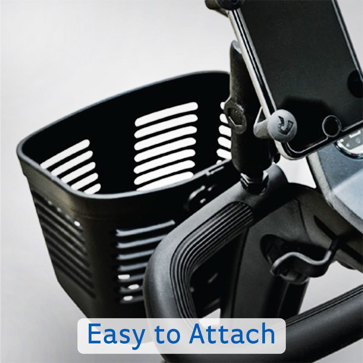 Front Basket without Hardware for Go-Go Scooters (Blemished): Black plastic basket with minor scratches, mounted on the front of a scooter, designed for Go-Go travel scooters.