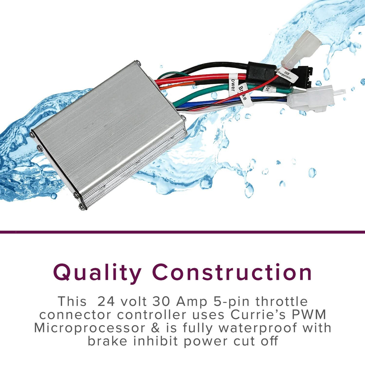 24 Volt 750 Watt Motor, 5-Pin Controller, & Throttle Kit with visible wires and water splashing around a silver motor box. Close-up of wires and logo.