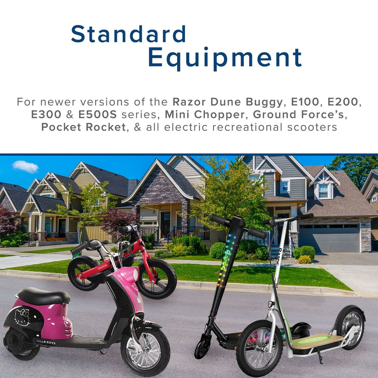 Red On/Off Switch with Weather-Resistant Rubber Boot for Razor Electric Scooters, shown among parked scooters in front of houses, highlighting its protective design suitable for various Razor models.