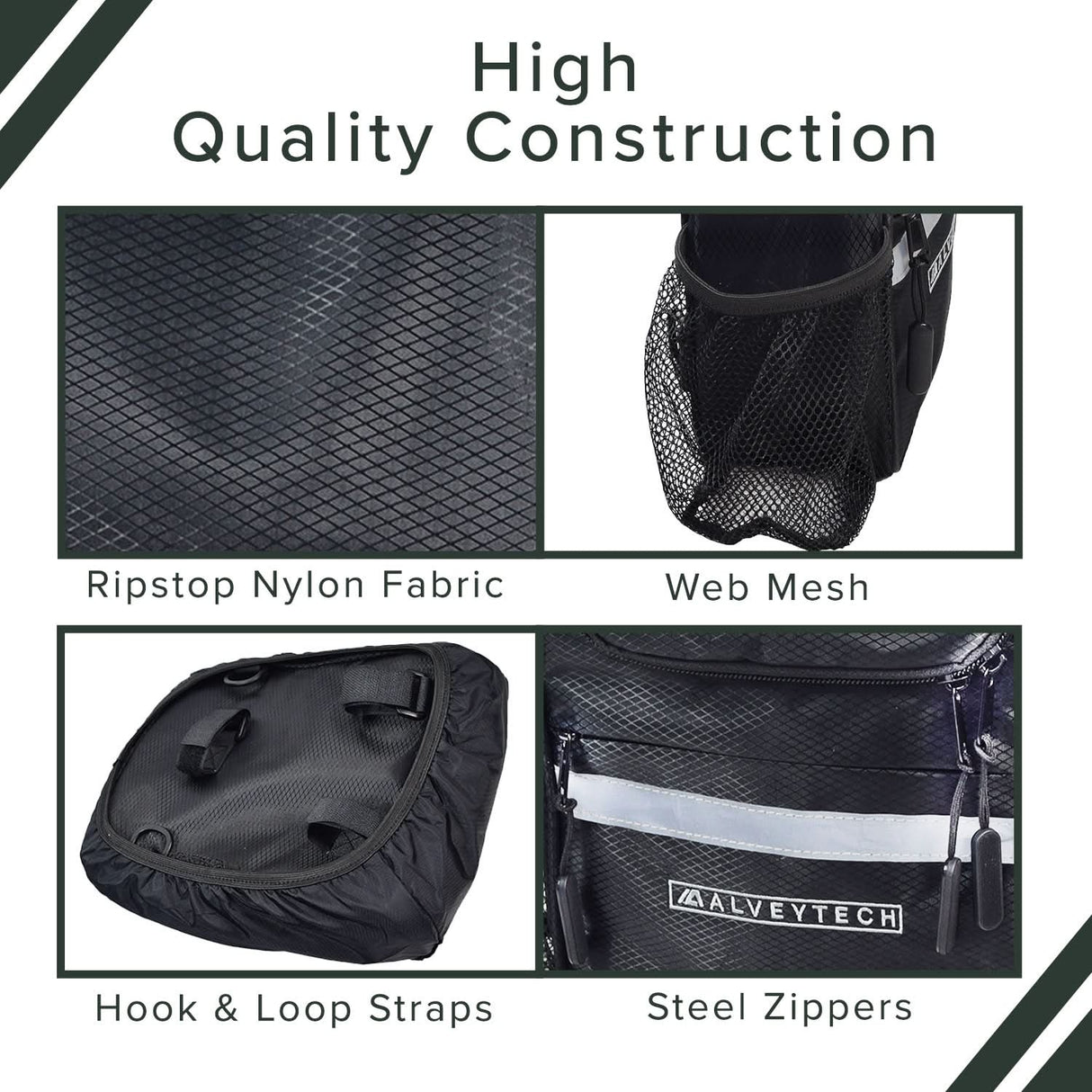 Insulated Handlebar Bag with Rain Cover & Carrying Strap for Bikes & Scooters, featuring multiple zippered compartments, mesh pouch, and reflective safety tape, showcased in a collage of different bag types.