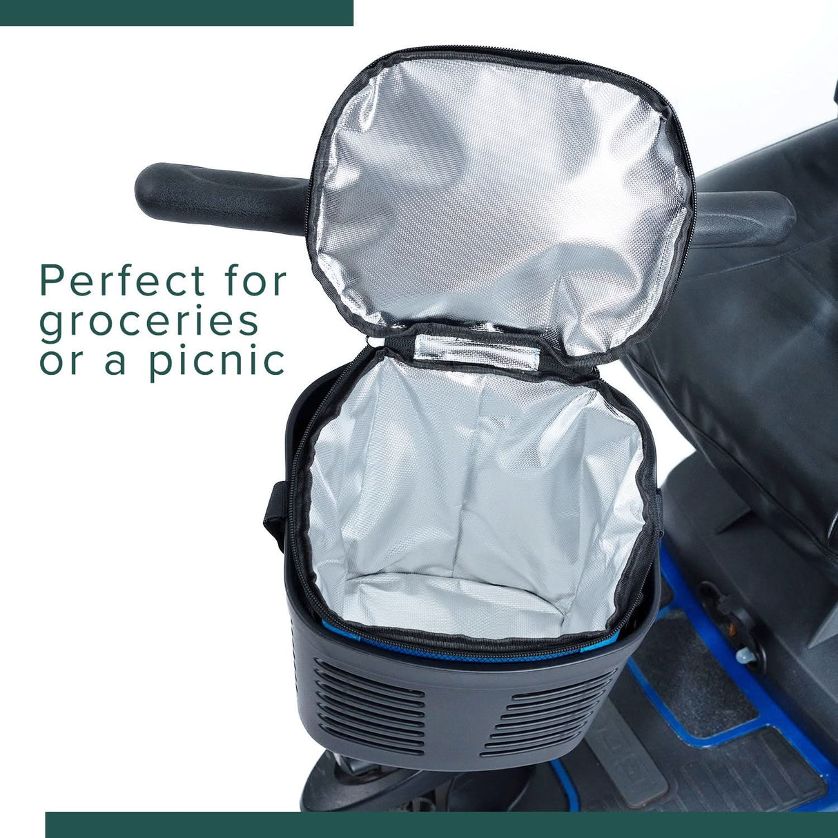 Insulated Front Basket Bag for Mobility Scooters with lid open, showcasing a spacious, zippered main compartment. Constructed from durable ripstop polyester, designed to fit common mobility baskets.