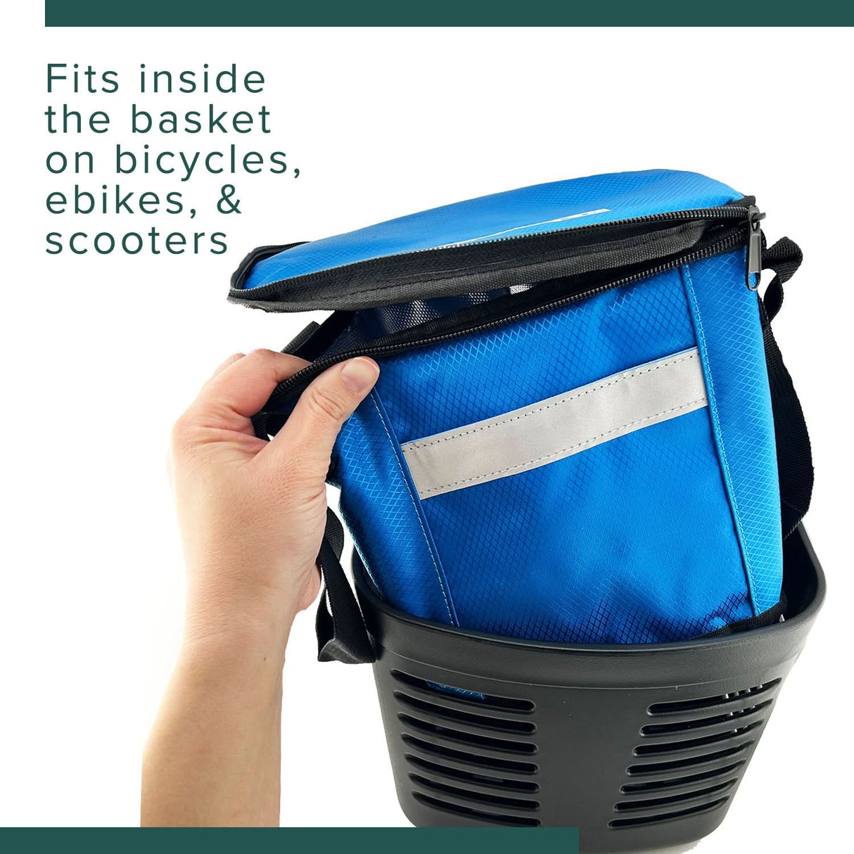 Hand holding the Insulated Front Basket Bag for Mobility Scooters, showcasing its sturdy handle and zippered main compartment.
