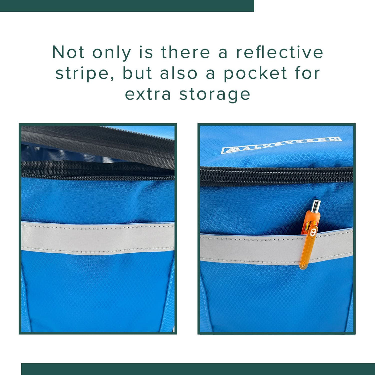 Close-up of the Insulated Front Basket Bag for Mobility Scooters showcasing its zippered main compartment and a pen in the front pocket. The bag’s durable ripstop polyester material is visible.