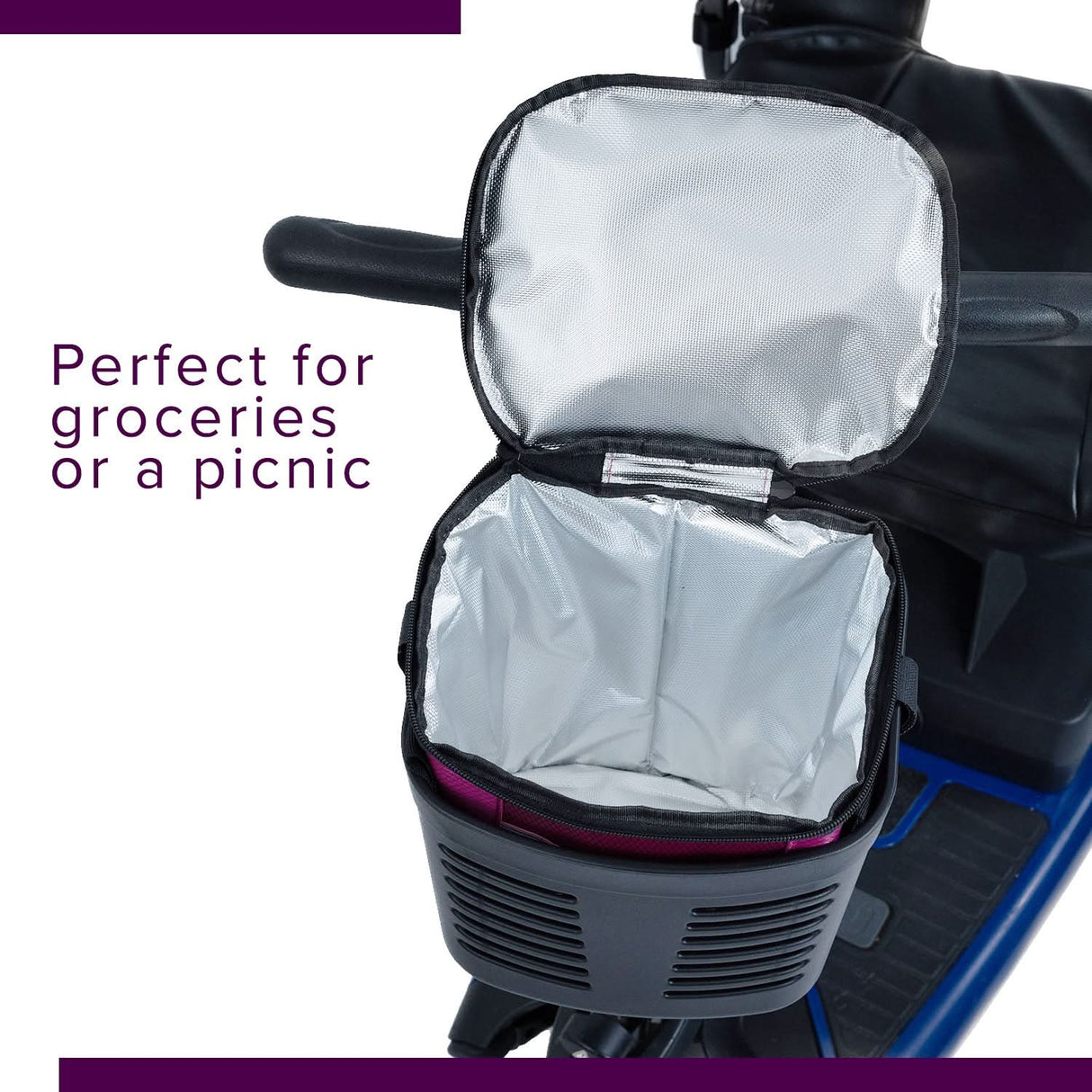 Insulated Front Basket Bag for Mobility Scooters shown attached to a scooter, featuring a handle and a zippered main compartment constructed from durable ripstop polyester.