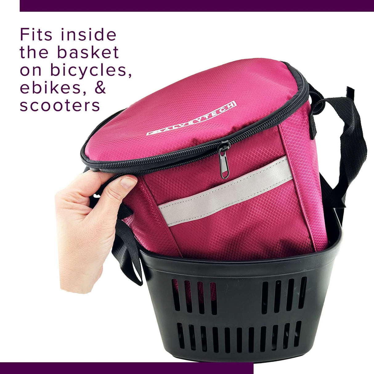 Hand holding the AlveyTech Insulated Front Basket Bag for Mobility Scooters, showcasing its durable ripstop polyester and large zippered main compartment designed for carrying various essentials discreetly.