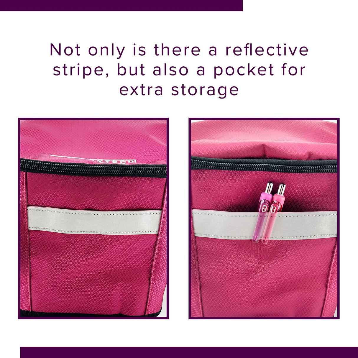 Insulated Front Basket Bag for Mobility Scooters, shown in close-up, displaying its durable ripstop polyester material with two pens inside the spacious, zippered main compartment.