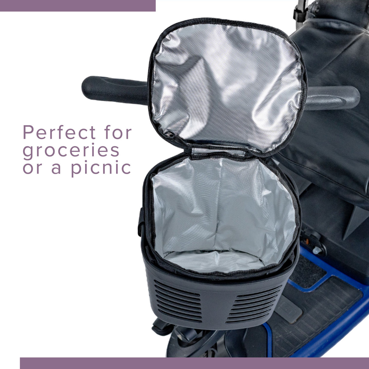 Insulated Front Basket Bag for Mobility Scooters, featuring a high-quality insulated lining, zippered main compartment, and durable ripstop polyester, designed to fit common mobility baskets for enhanced storage and privacy.