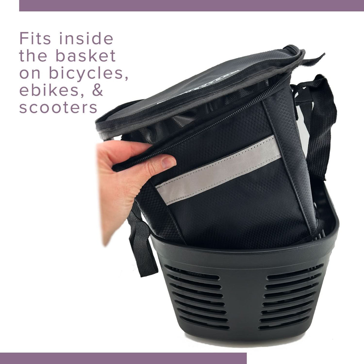 Hand holding the Insulated Front Basket Bag for Mobility Scooters, featuring a zippered main compartment and durable ripstop polyester construction.