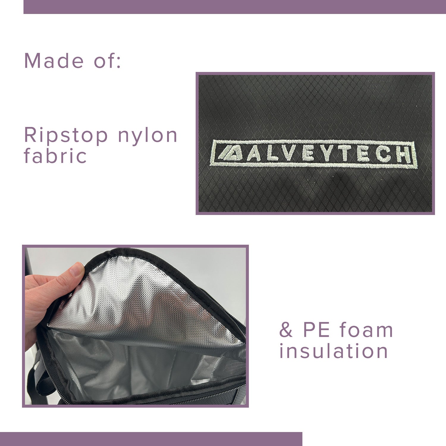 Close-up of the AlveyTech Insulated Front Basket Bag for Mobility Scooters, showing its durable ripstop polyester material and a hand holding the bag, emphasizing its practical design for secure storage.