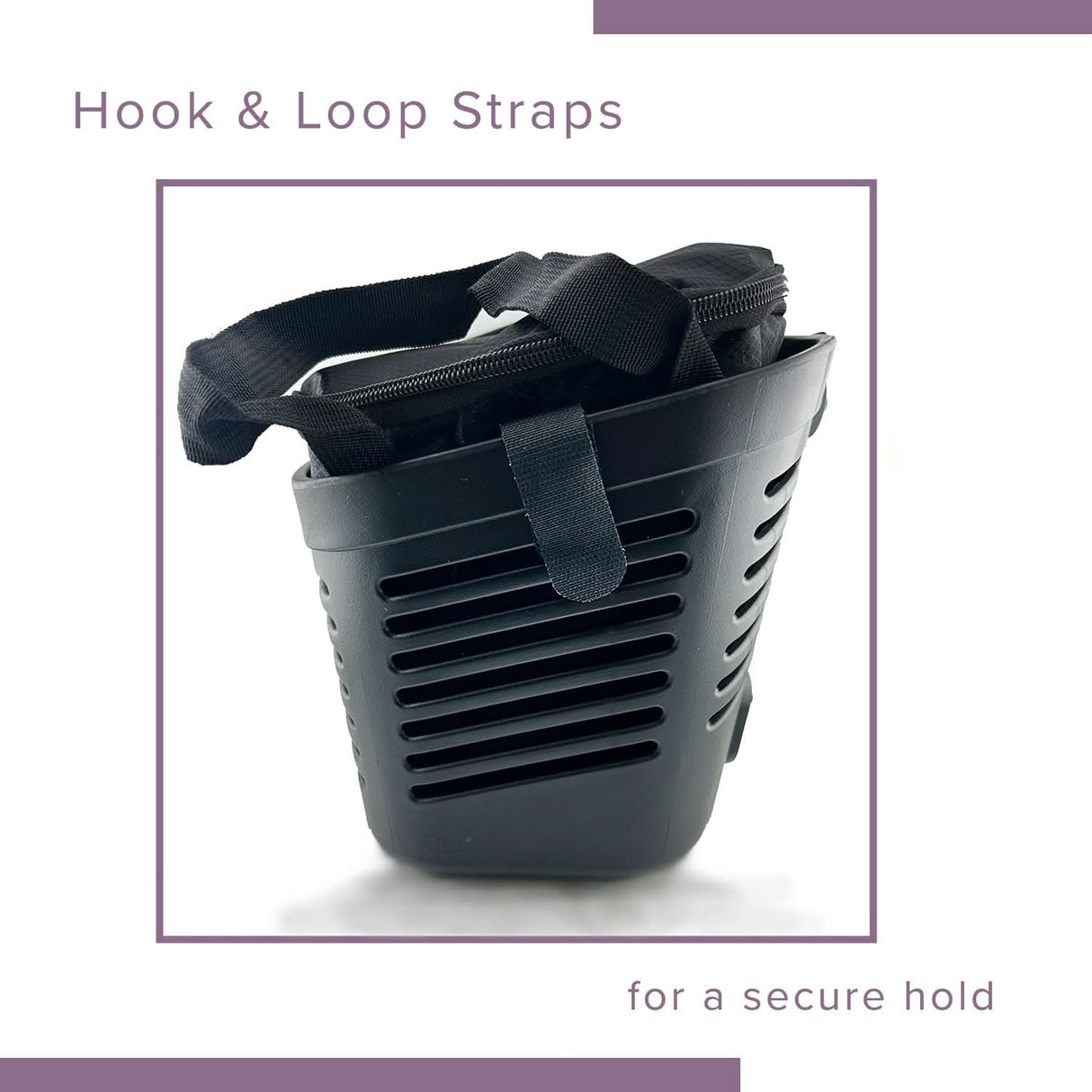 Insulated Front Basket Bag for Mobility Scooters: A black plastic container with straps and a zippered main compartment, suitable for carrying various items discreetly on mobility devices.