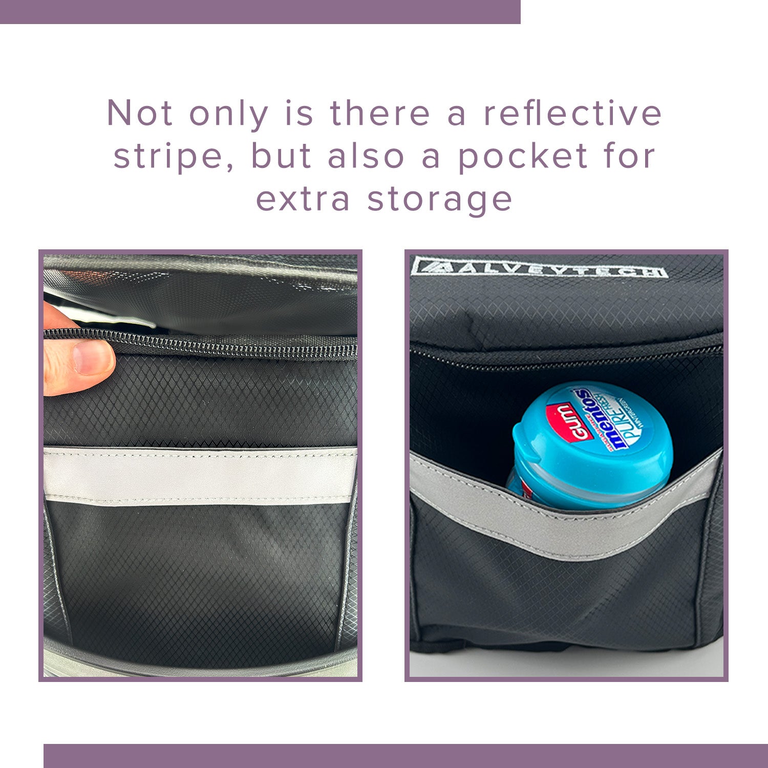 Close-up of the Insulated Front Basket Bag for Mobility Scooters, showing a person holding its zipper, with a blue bottle partially tucked into a side pocket.