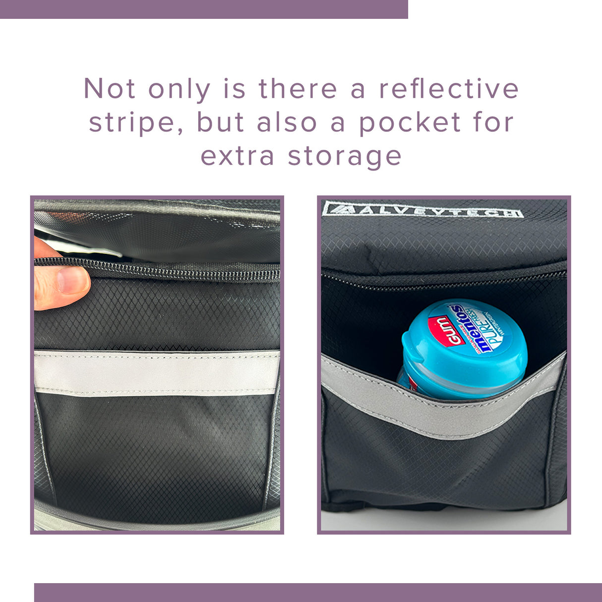 Close-up of the Insulated Front Basket Bag for Mobility Scooters, showing a person holding its zipper, with a blue bottle partially tucked into a side pocket.