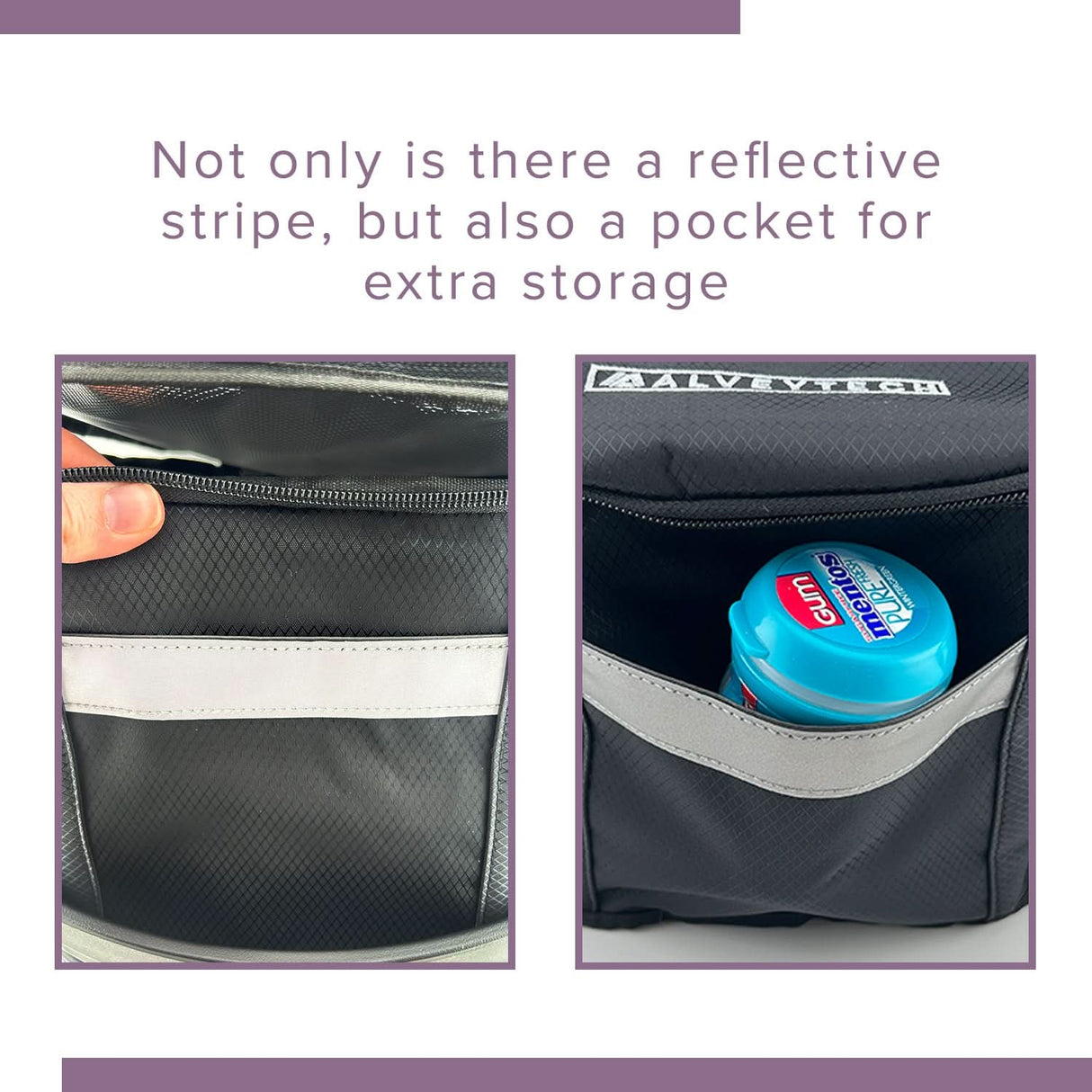 Close-up of the Insulated Front Basket Bag for Mobility Scooters, showing a person holding its zipper, with a blue bottle partially tucked into a side pocket.