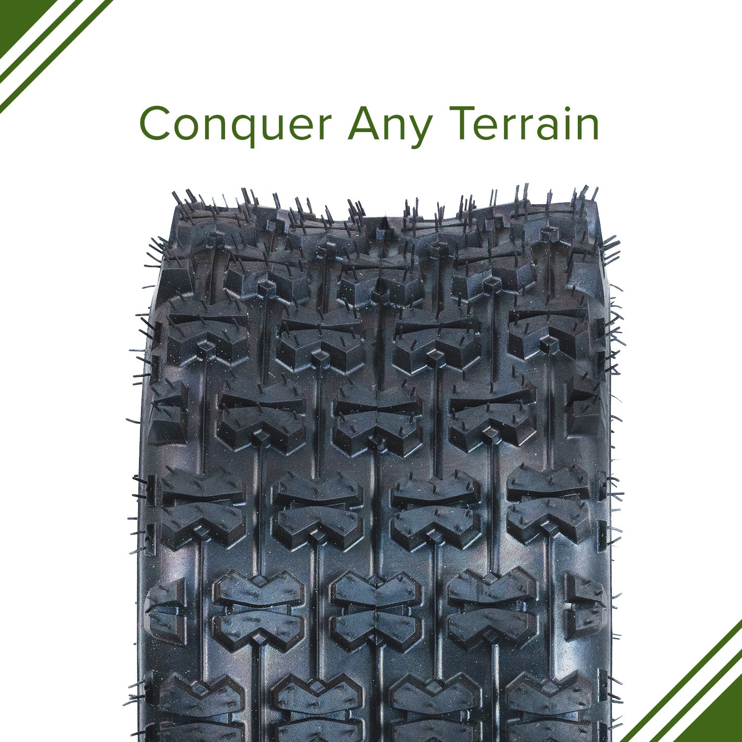 Close-up of an 18x9.5-8 rear tire for Coleman AT125-EX & AT125-UT ATVs, showcasing its knobby tread design for effective mud-slinging on soft surfaces.