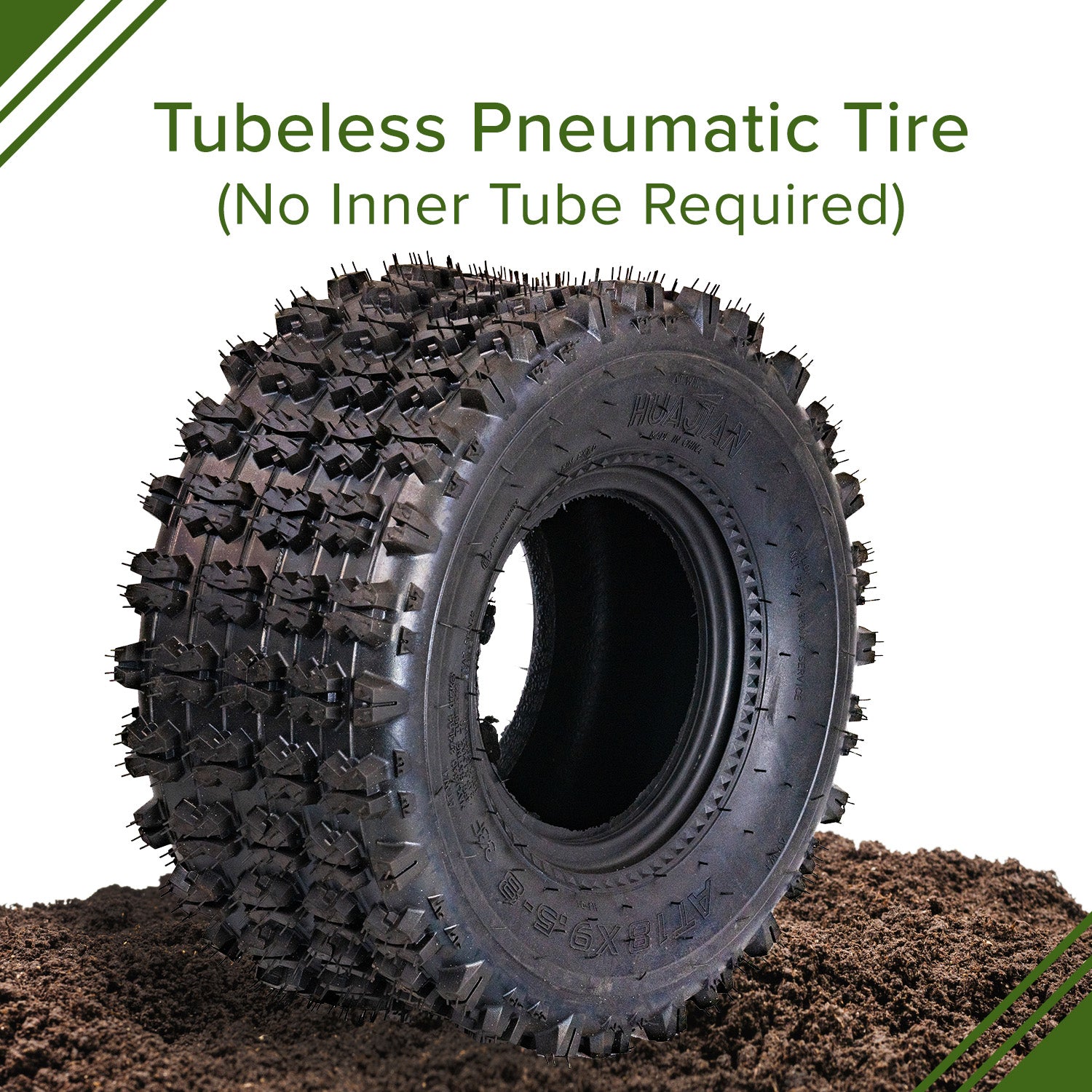 18x9.5-8 Rear Tire for Coleman AT125-EX & AT125-UT ATVs, shown on the ground with knobby tread and visible hole, ideal for replacing worn or damaged tires on ATVs.